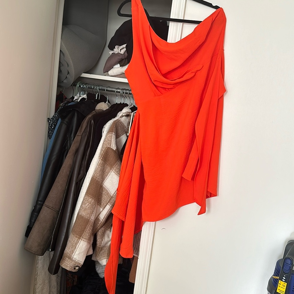 Red one shoulder wrap dress